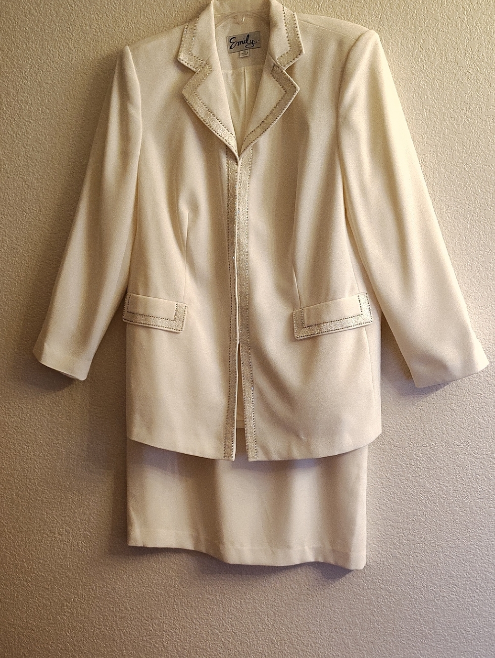 Vintage Sz 16W Ivory Silver Beaded Trim Skirt Suit Set Women's 2-Piece HMB